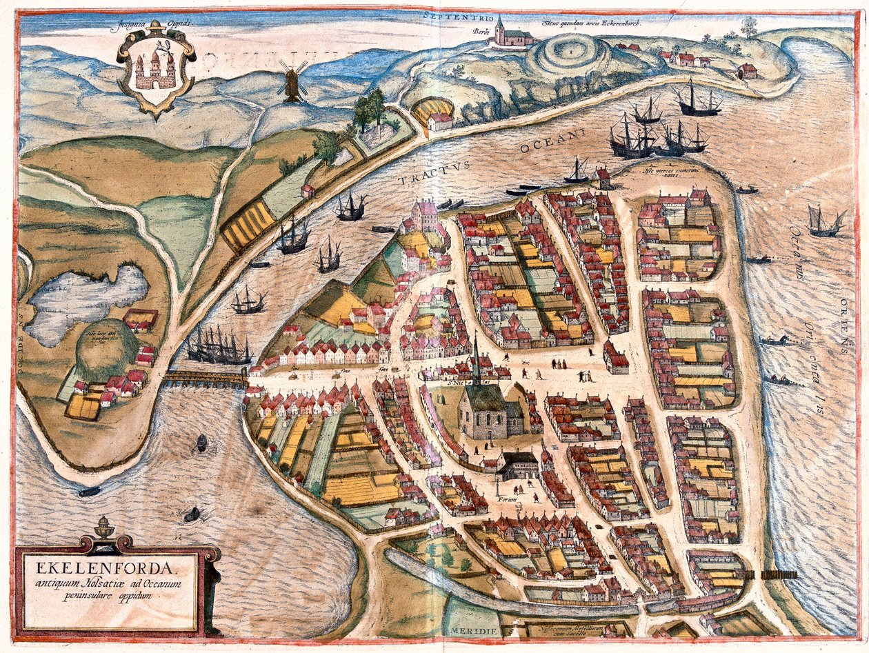 Eckernforde, Tyskland (gravering af Franz Hogenberg