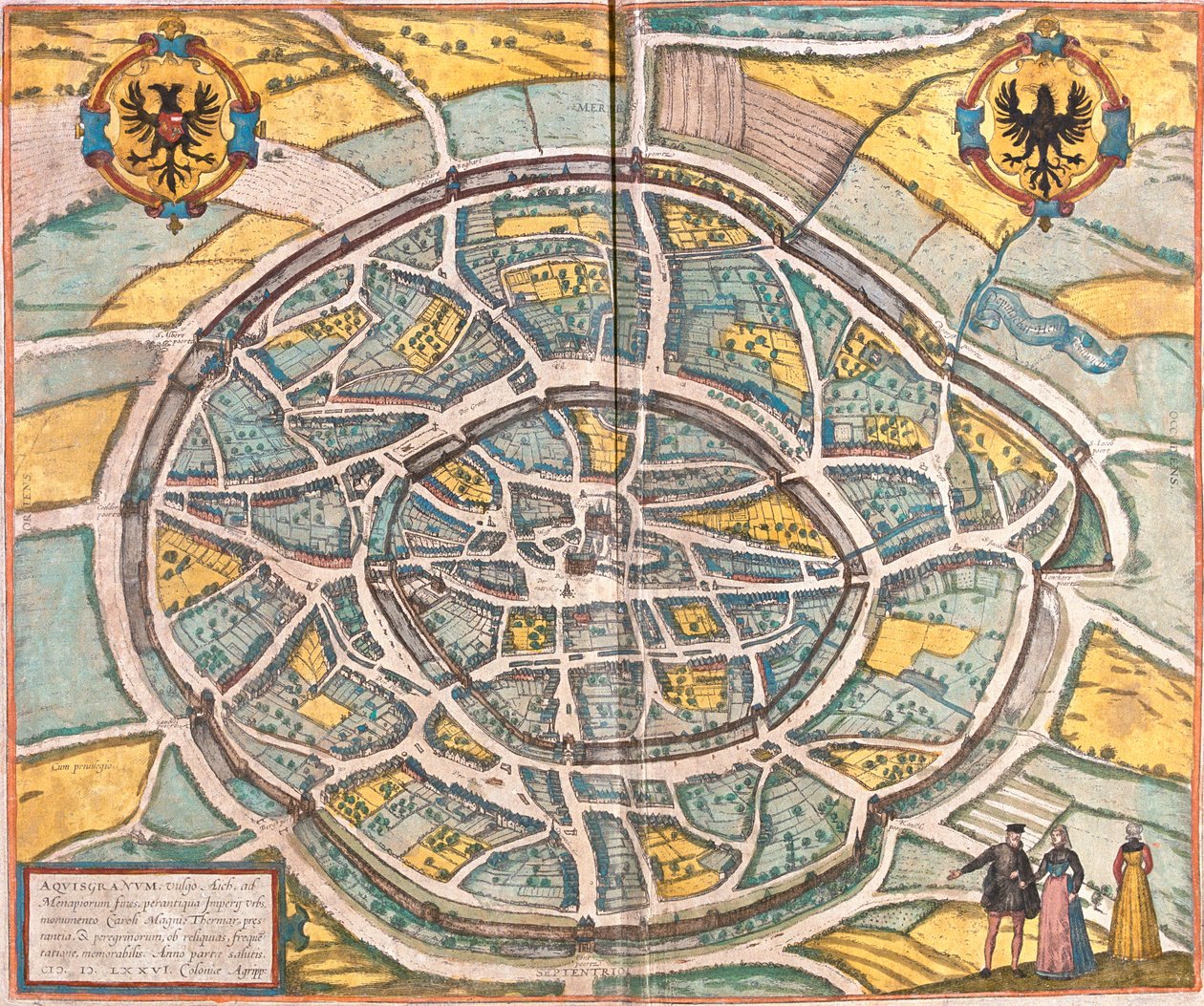 Kort over Aachen (Aquisgranum), Tyskland (radering af Franz Hogenberg