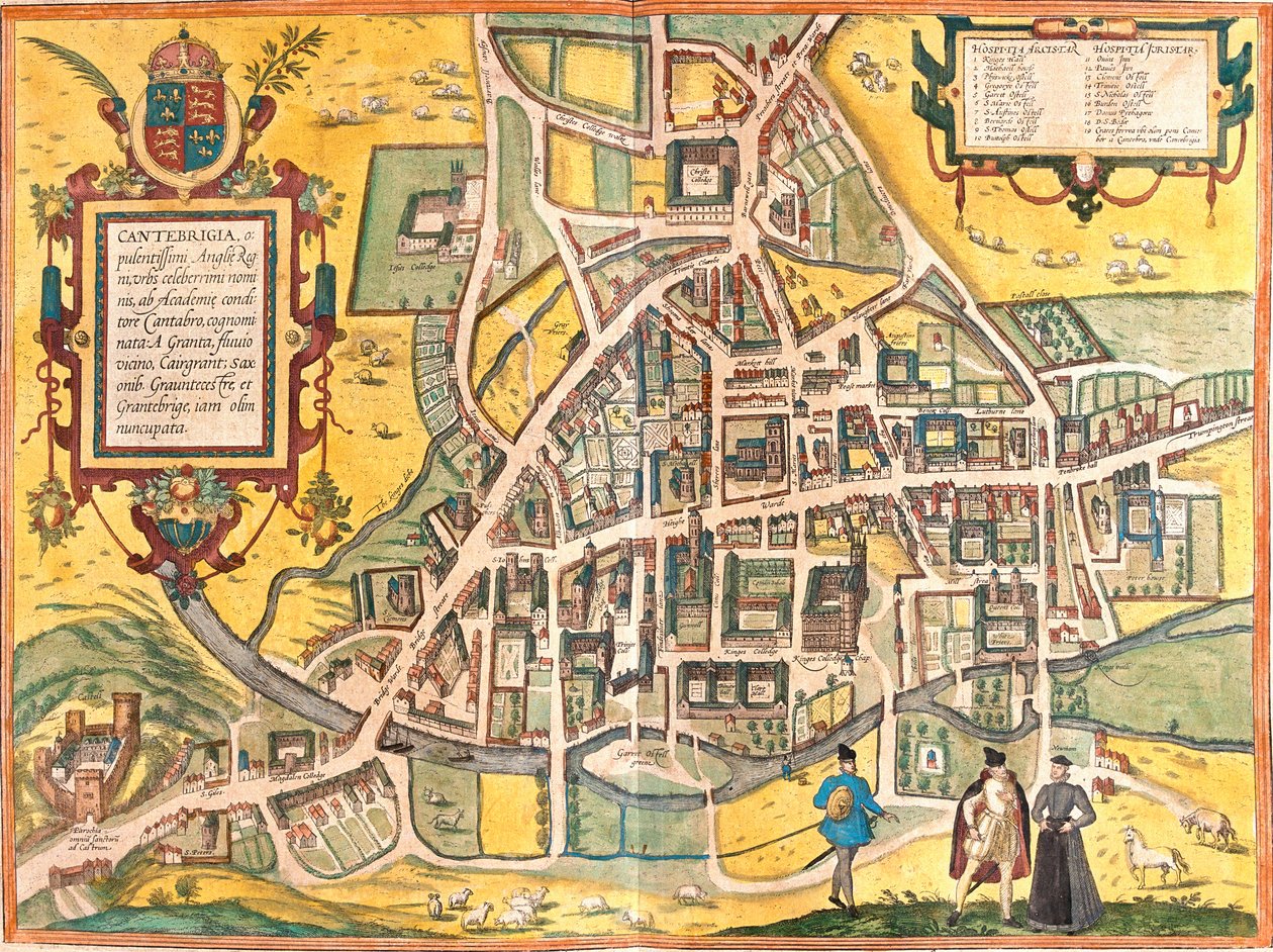 Kort over Cambridge (Cantebrigia), England (radering af Franz Hogenberg