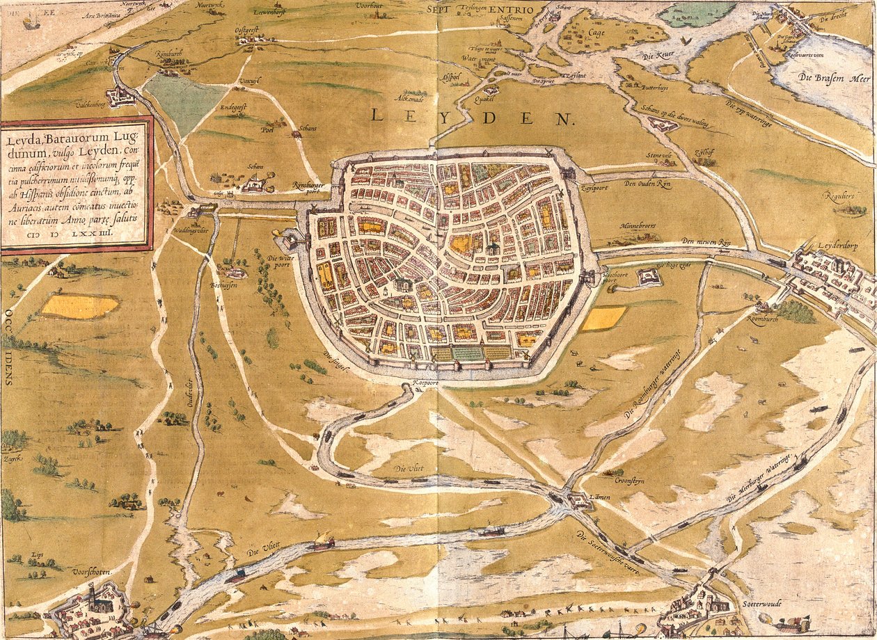 Plan over Leiden (Leyden), Holland (radering af Franz Hogenberg