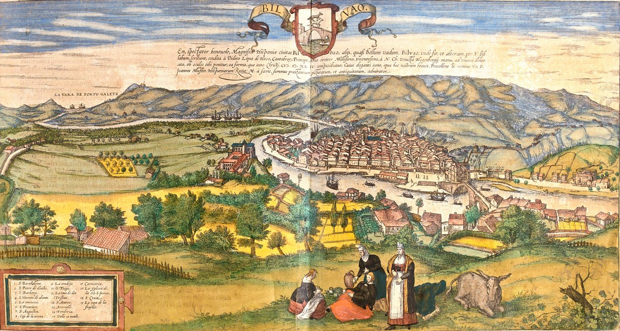 Udsigt over Bilbao (Bilbao) Spanien (radering af Franz Hogenberg