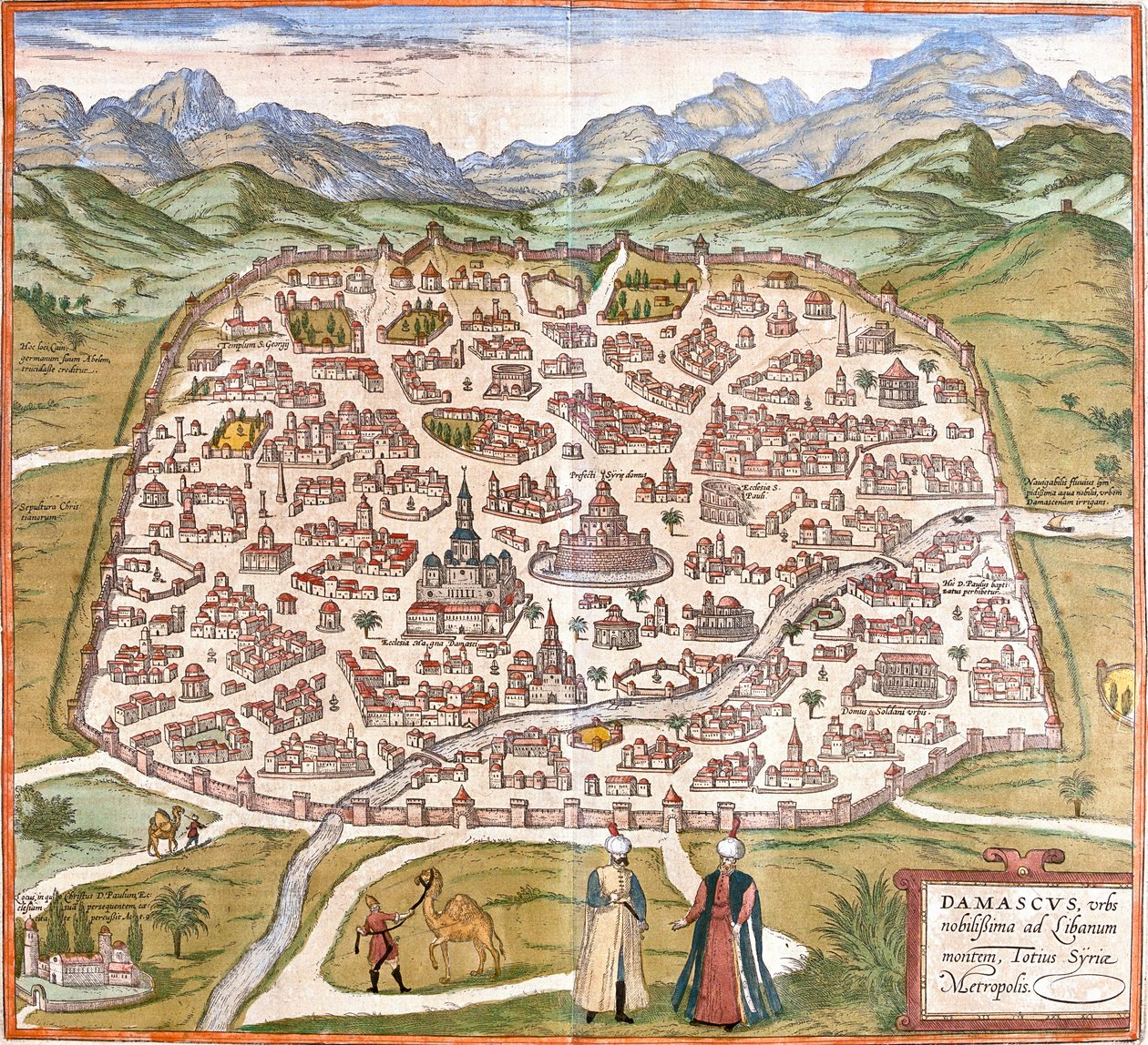 Udsigt over Damaskus (Damaskus), Syrien (radering af Franz Hogenberg