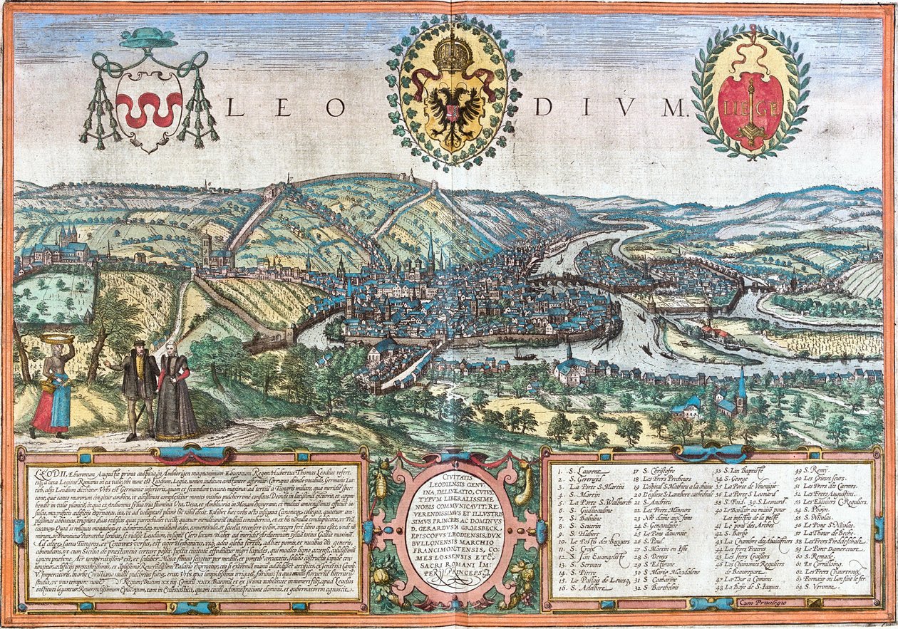 Udsigt over Liege (Leodium), Belgien (radering af Franz Hogenberg