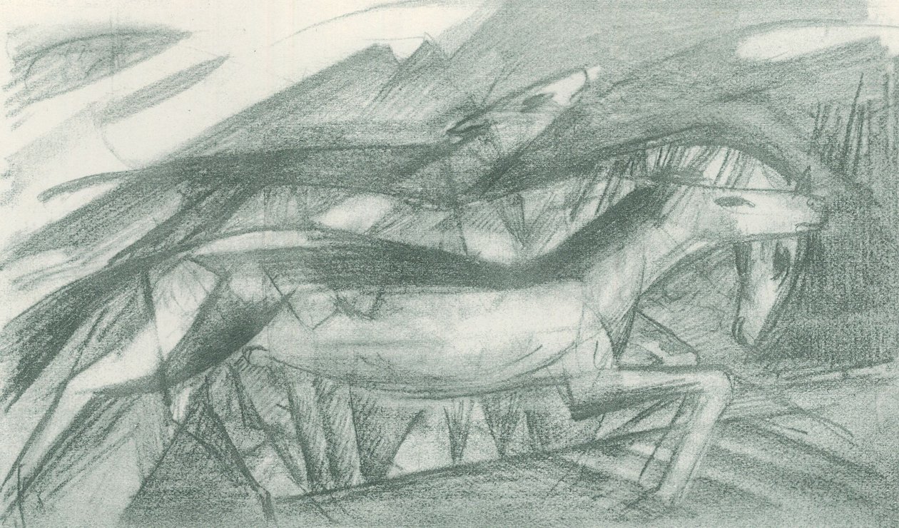 Jagtheste i et abstrakt landskab af Franz Marc