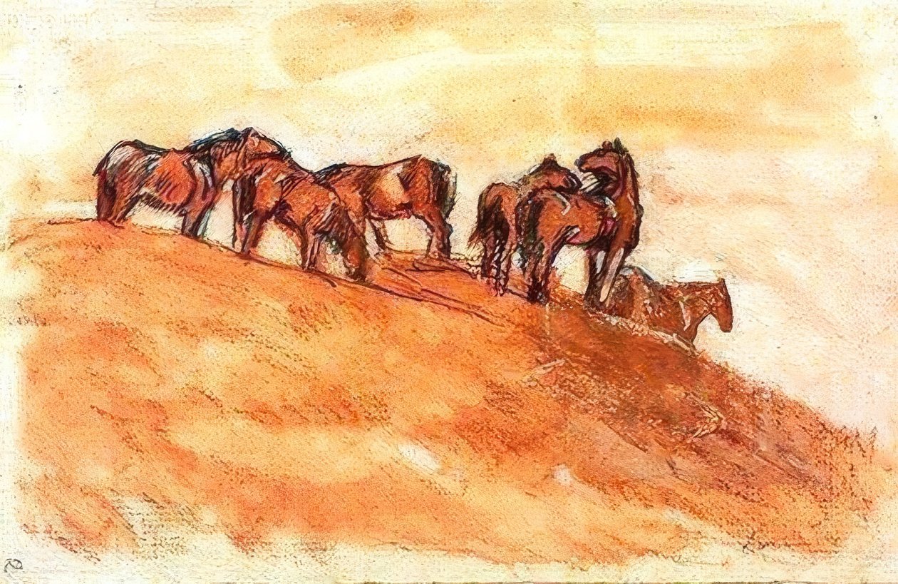 Heste, der står mod luften i bjerghøjde af Franz Marc