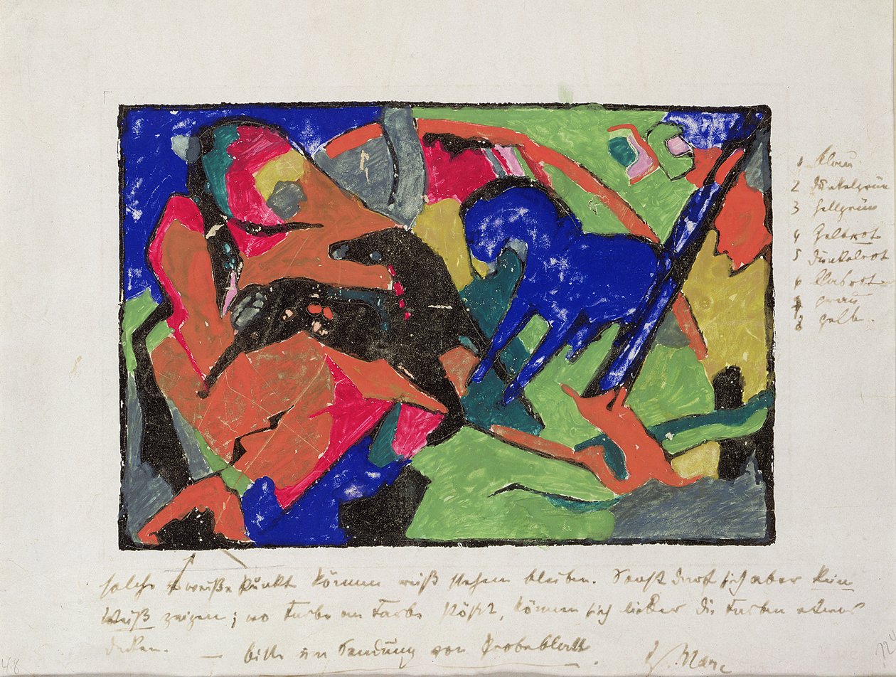 To heste, 1911-12 (håndfarvet tryk) af Franz Marc