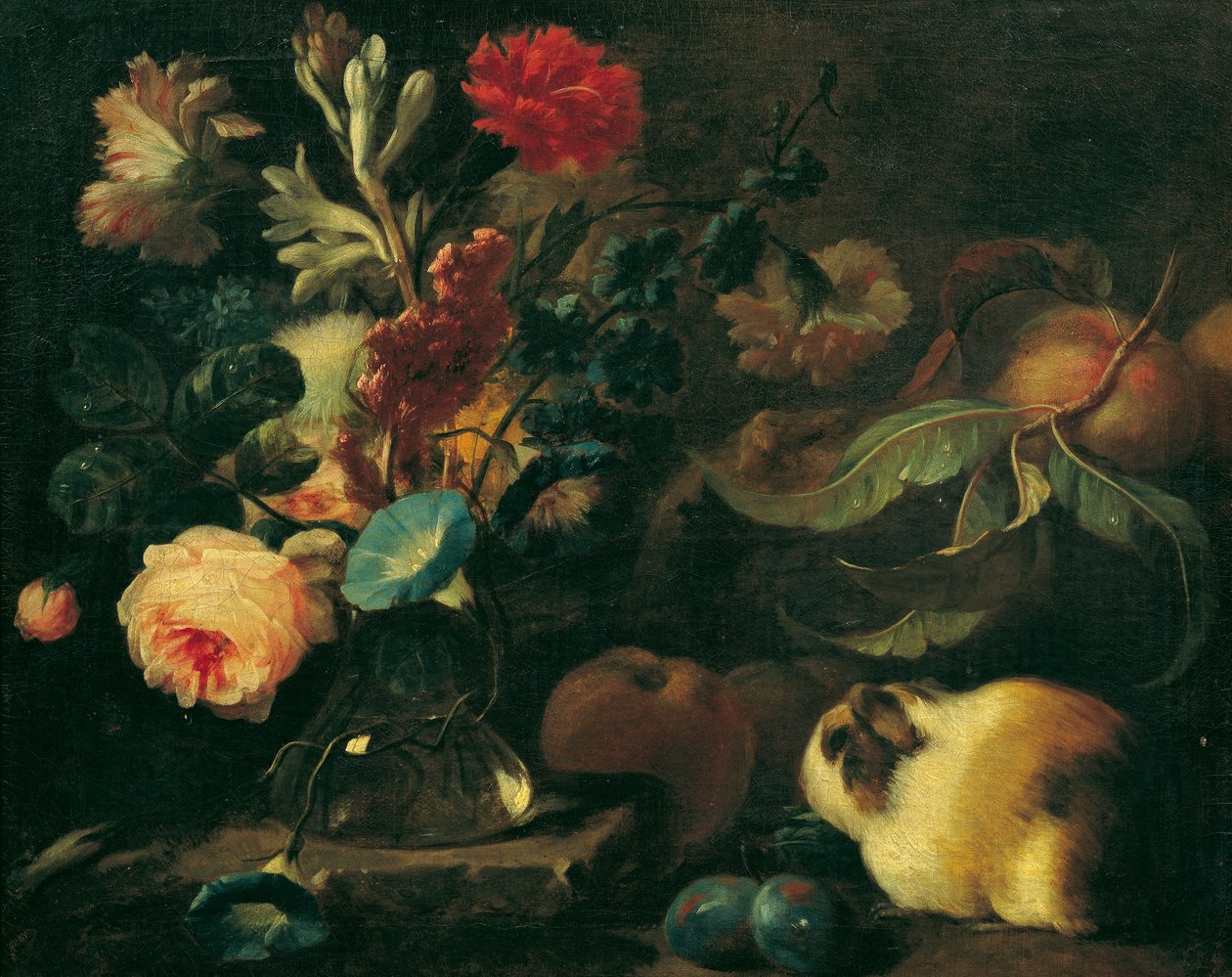 Stilleben med marsvin, blomster og frugter af Franz Werner Tamm