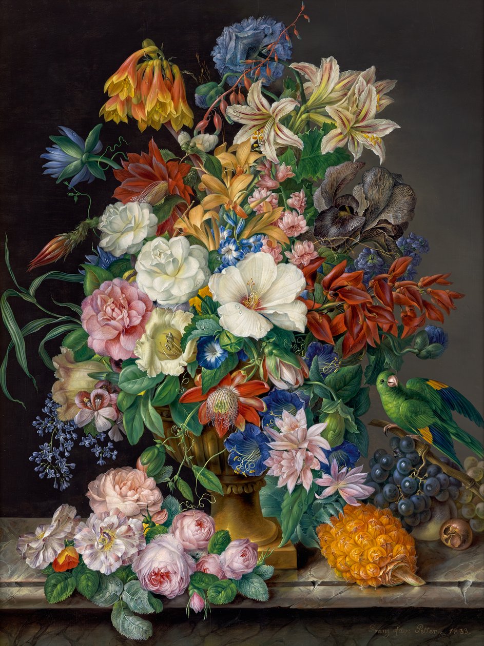 Blomsterstykke med ananas, vindruer og papegøje af Franz Xaver Petter
