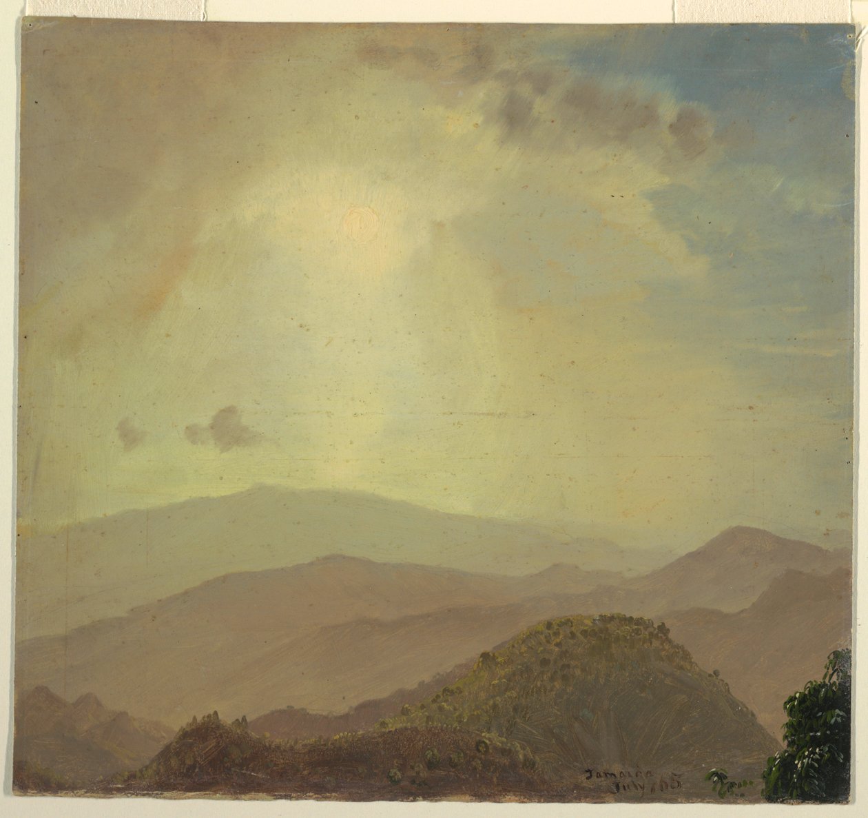 Tegning, bakketop ved solnedgang, juli 1865 af Frederic Edwin Church
