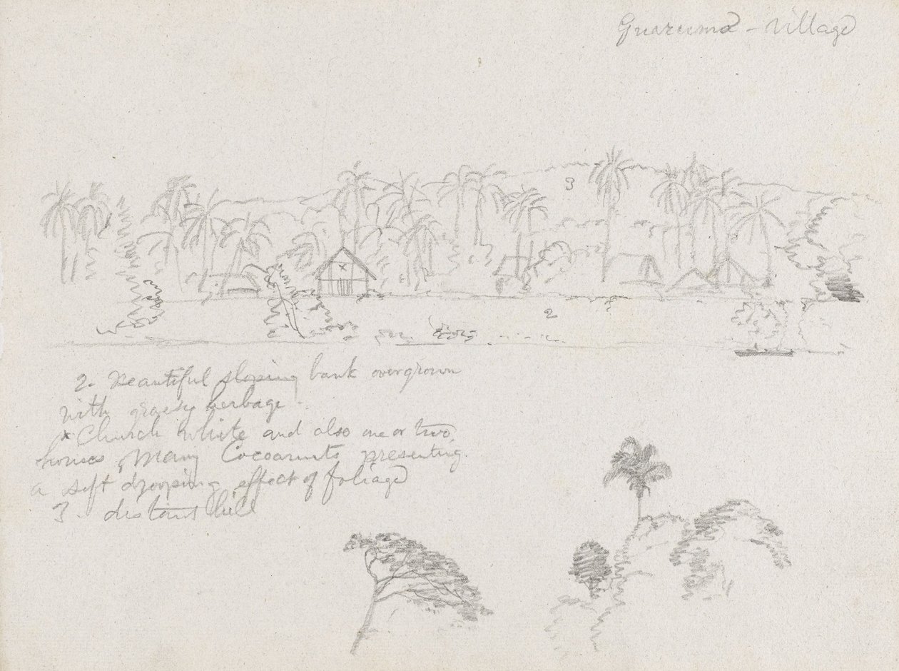 Tegning. Skitser. Landsbyen Guarumo, sandsynligvis i Colombia. af Frederic Edwin Church