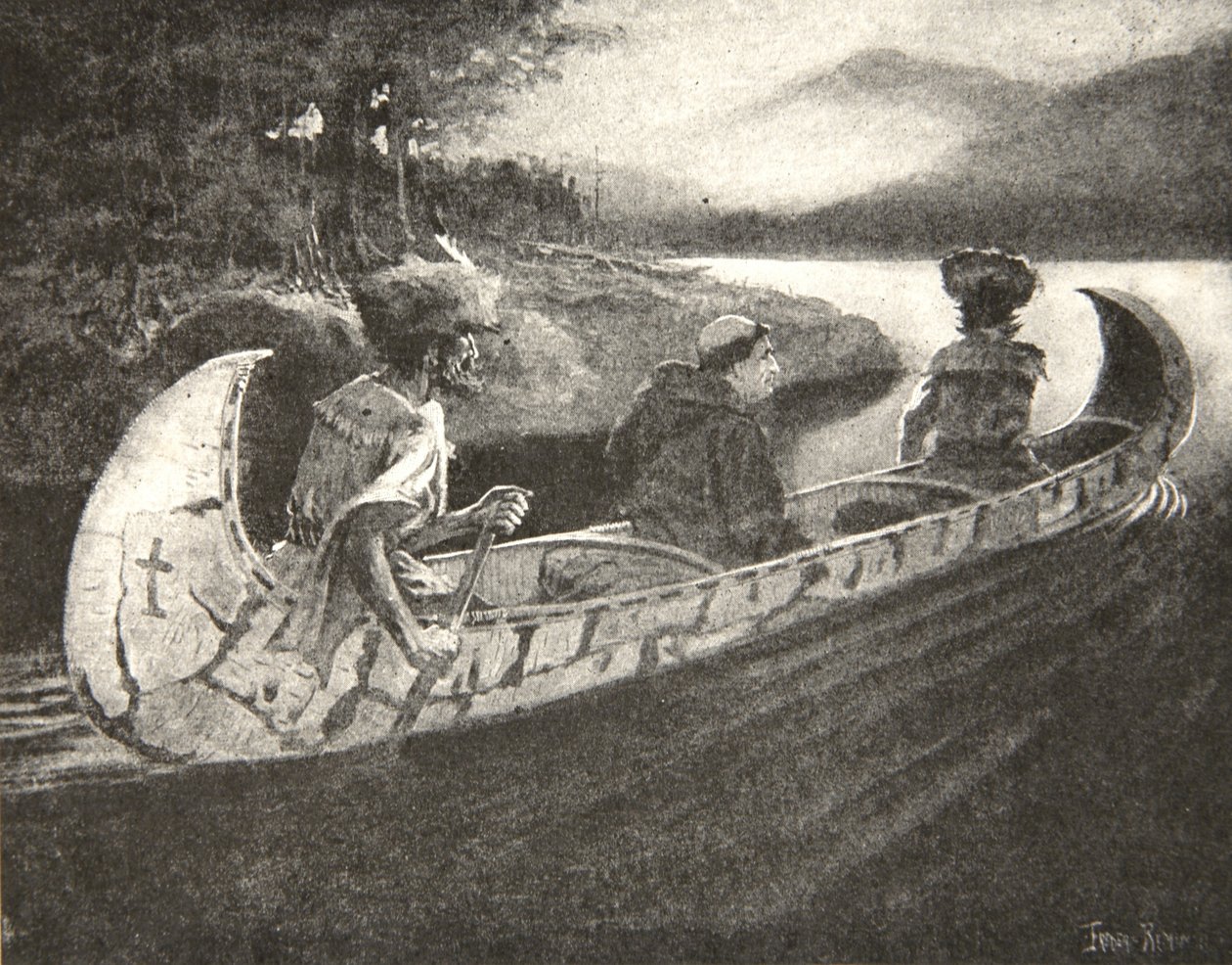 Kom Black-Robe-høvdingen,... det blege ansigt, med sine guider og hans ledsagere, fra The Song of Hiawatha af Henry Wadsworth Longfellow (1807-82), pub. af George G. Harrap und Company Ltd., 1911 (litho af Frederic Remington