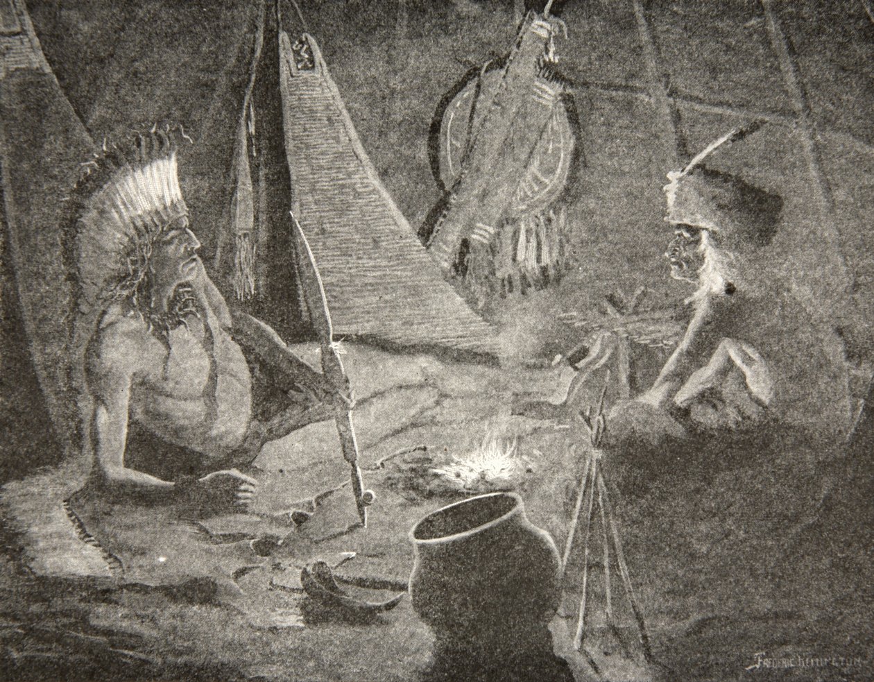 Fra sin pose trak han sin fredspibe,... Gav den til sin gæst, den fremmede, fra The Song of Hiawatha af Henry Wadsworth Longfellow (1807-82), pub. af George G. Harrap und Company Ltd., 1911 af Frederic Remington