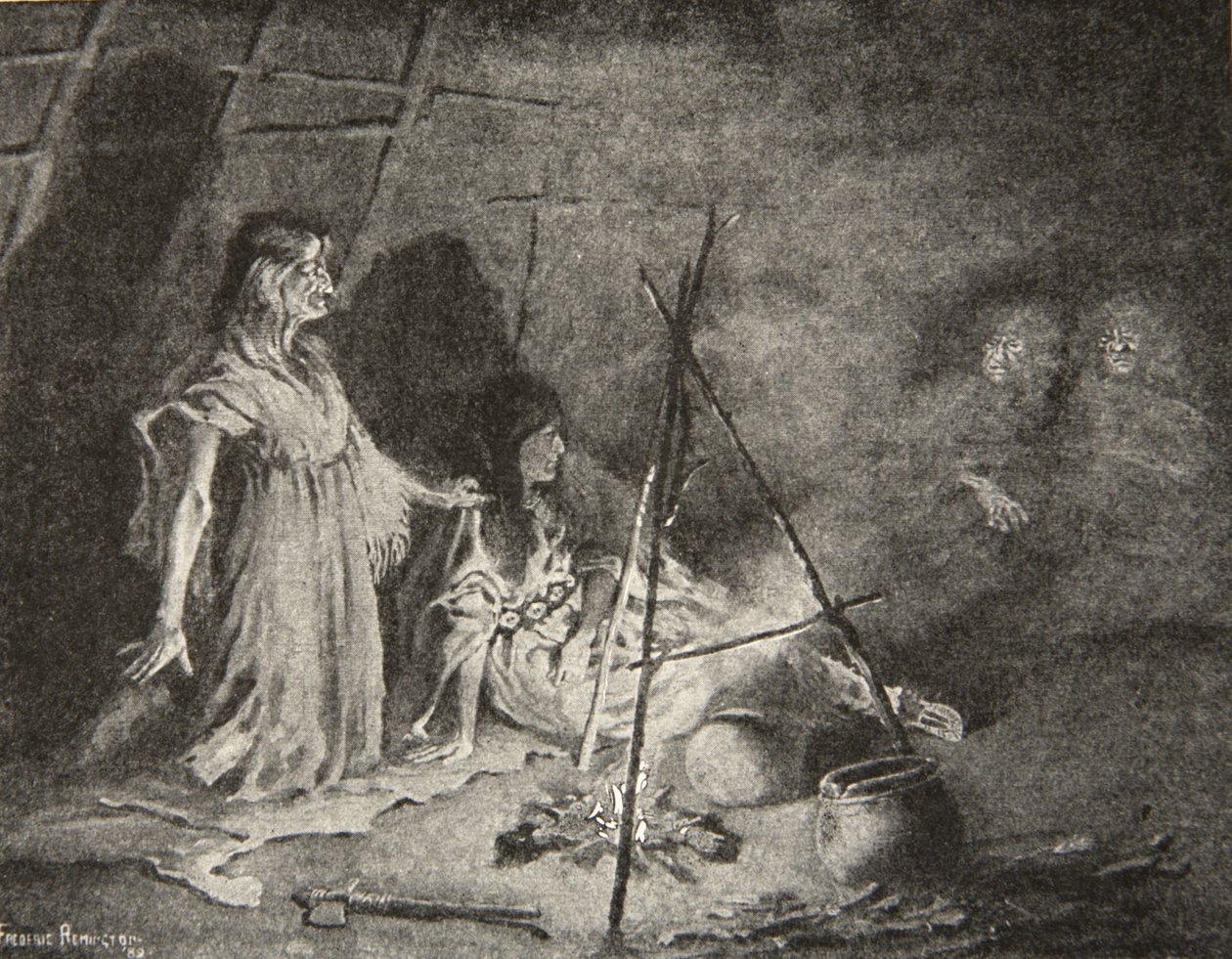 Sad i det fjerneste hjørne, Crouching low among the shadows, fra The Song of Hiawatha af Henry Wadsworth Longfellow (1807-82), pub. af George G. Harrap und Company Ltd., 1911 af Frederic Remington