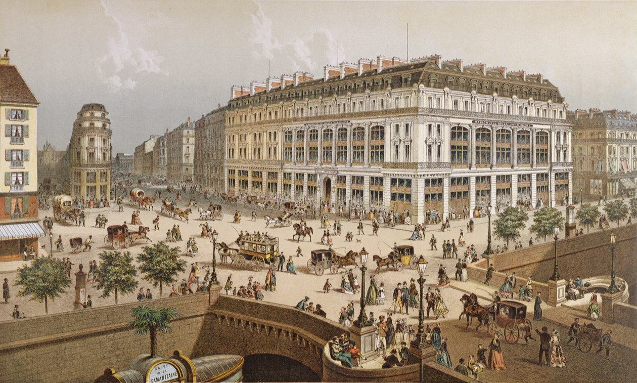 Udsigt over stormagasinet "La Belle Jardiniere" og Pont Neuf, ca. 1870-80 af Frederic Sorrieu
