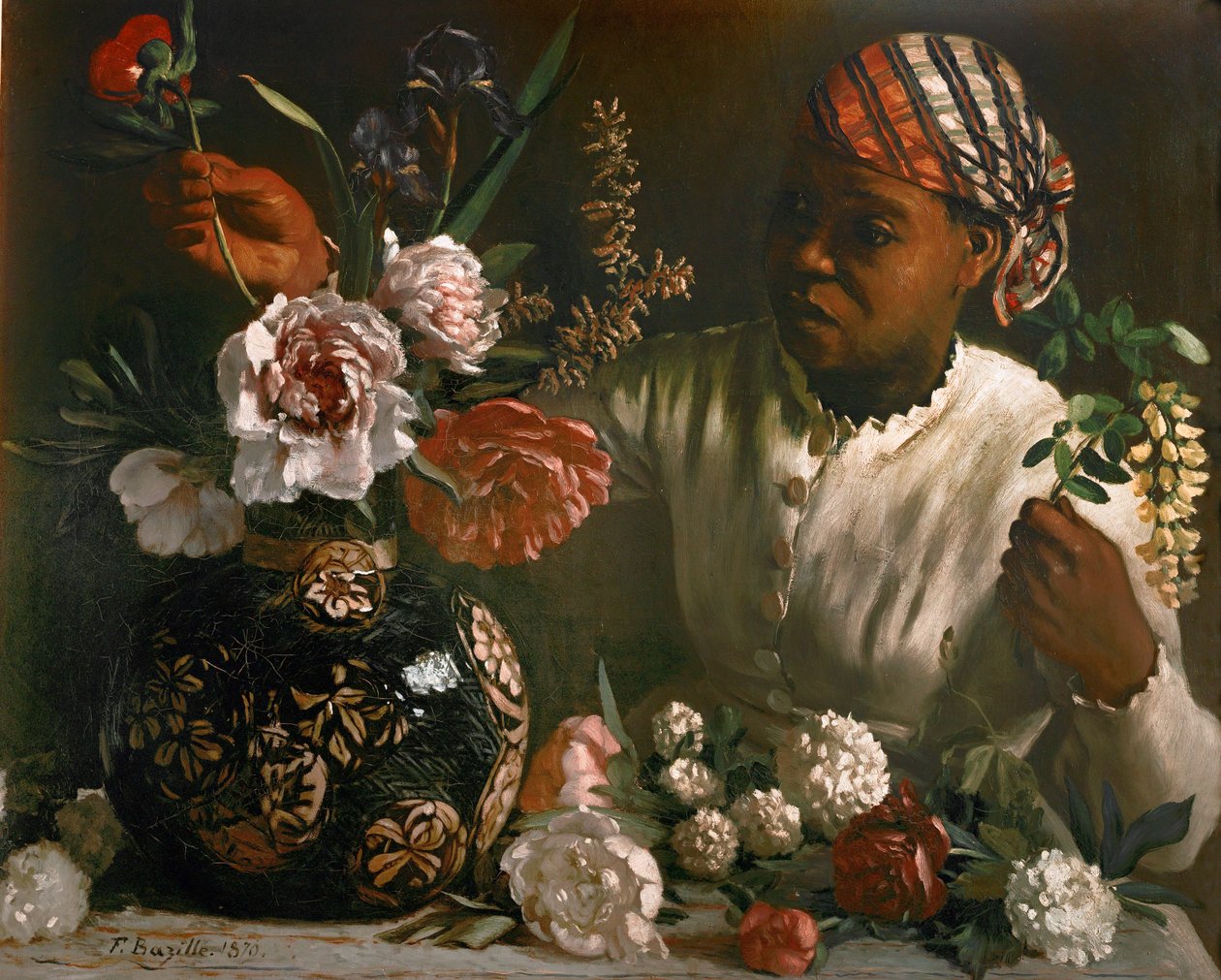 Sort kvinde med pæoner ... (olie på lærred) af Frédéric Bazille