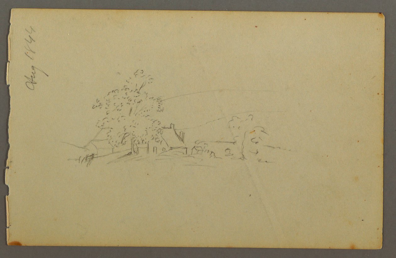 Tegning, fjerne landbrugsbygninger, 1844 af Frederic Edwin Church