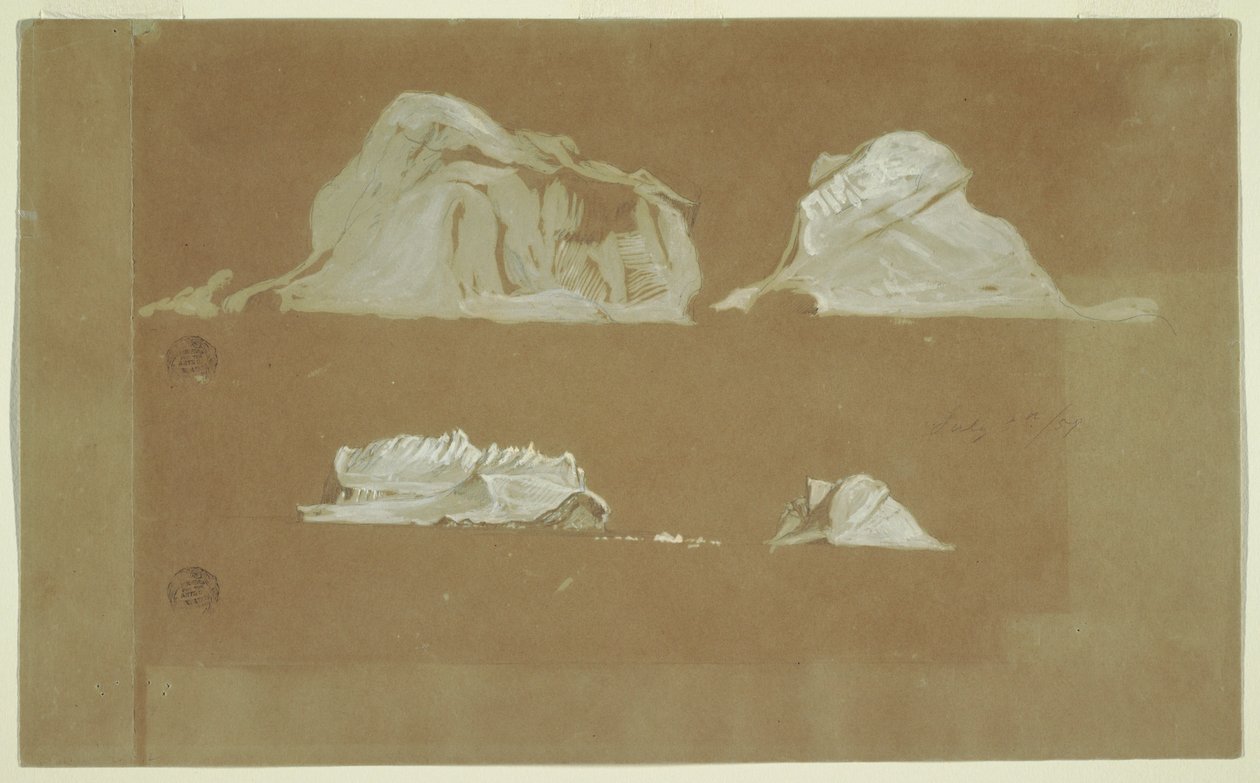 Tegning, flydende isbjerge, 5. juli 1859 af Frederic Edwin Church