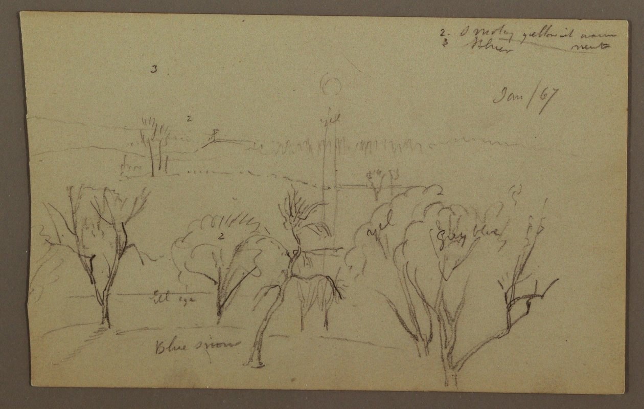 Tegning, bakker, træer, lav sol, 1867 af Frederic Edwin Church