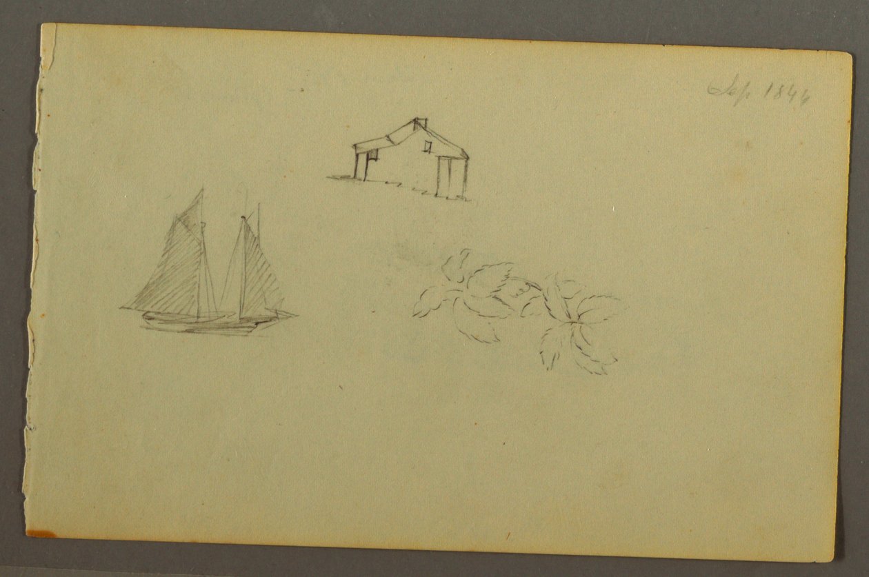 Tegning, Hus, sejlbåd, plante, september 1844 af Frederic Edwin Church