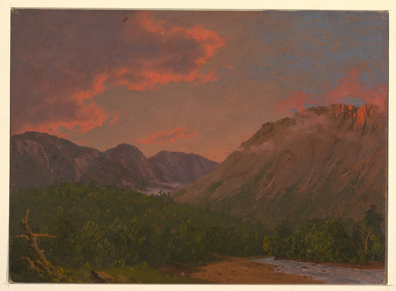 Tegning, bjerglandskab ved solnedgang, 1865 af Frederic Edwin Church