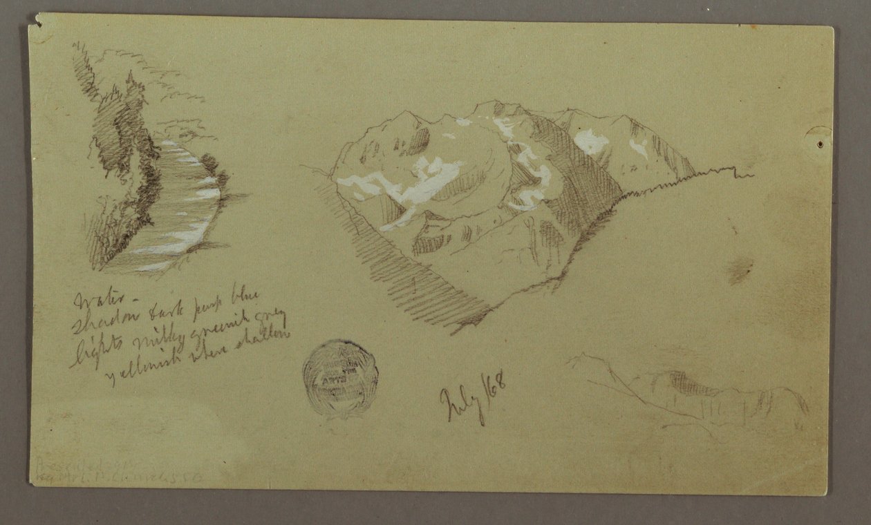 Tegning, bjergtoppe, flod, juli 1868 af Frederic Edwin Church