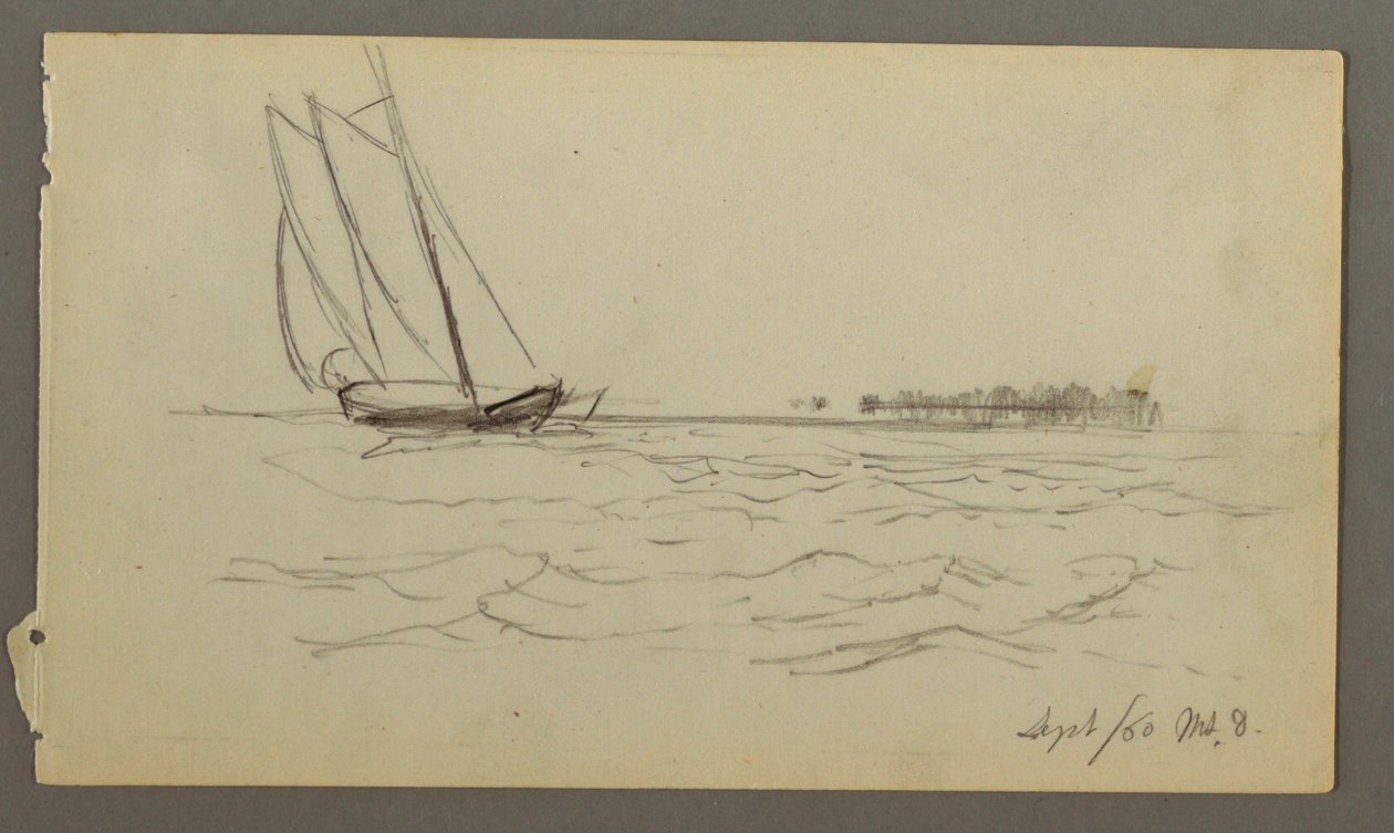 Tegning, Sejlbåd rider på bølger, 1860 af Frederic Edwin Church