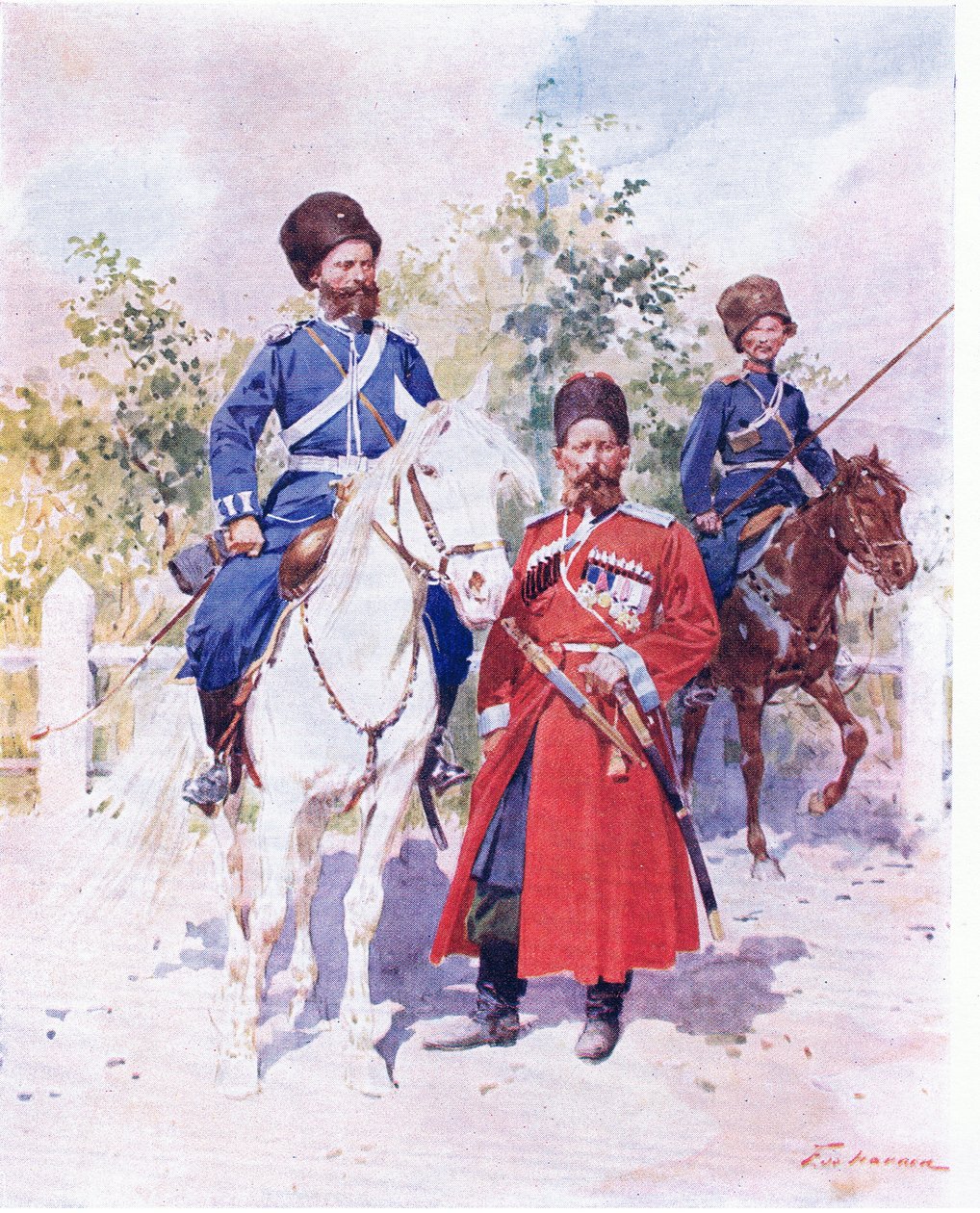 Russiske soldater ca. 1900 (farve litho) af Frederic de Haenen