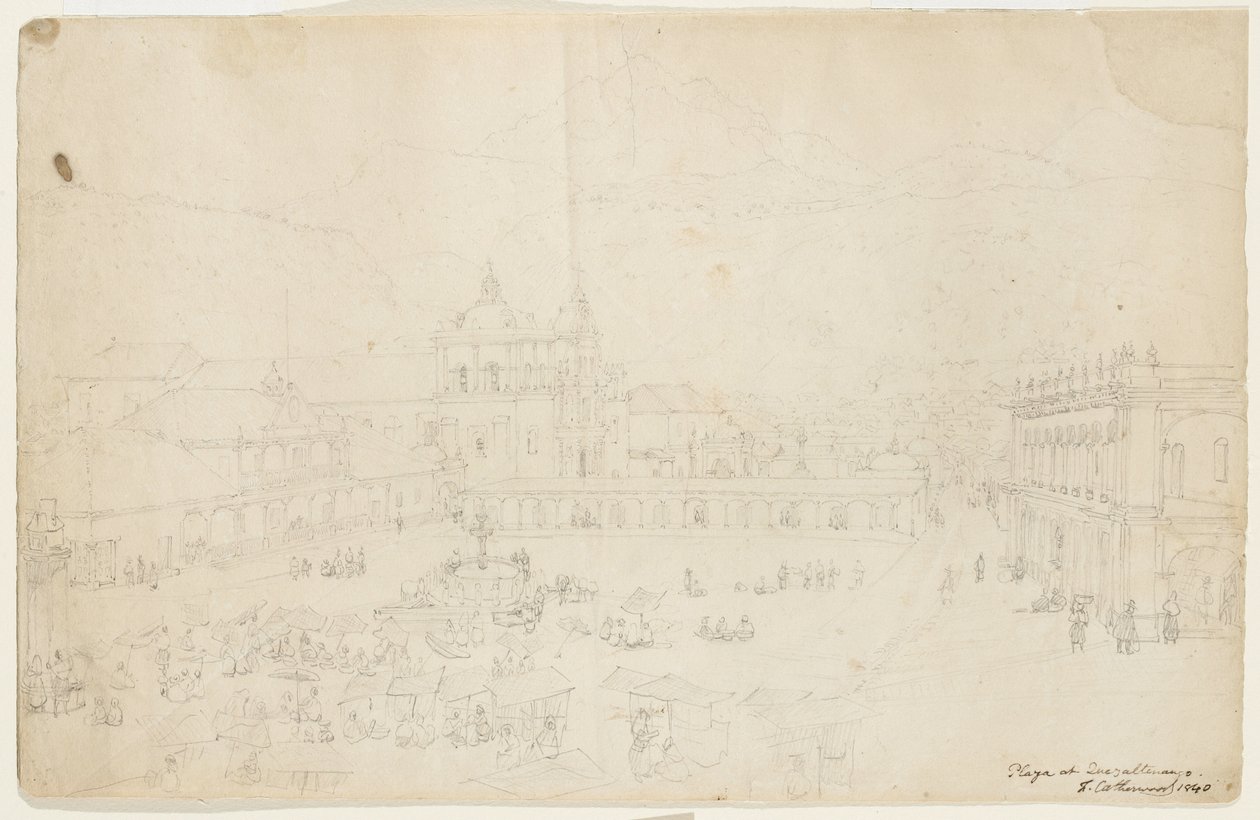 Plaza ved Quezaltenango, 1840 (grafit på cremevævet papir) af Frederick Catherwood