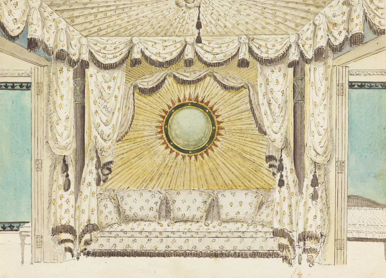 Design til seng med teltalkove, sandsynligvis til prinsen af Wales soveværelse eller Boudoir, Royal Pavilion ... af Frederick Crace