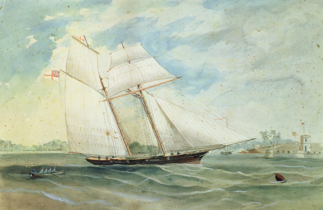 Farm Cove og Fort Macquarie, med sejlskib i forgrunden, ca. 1859-68 af Frederick Garling
