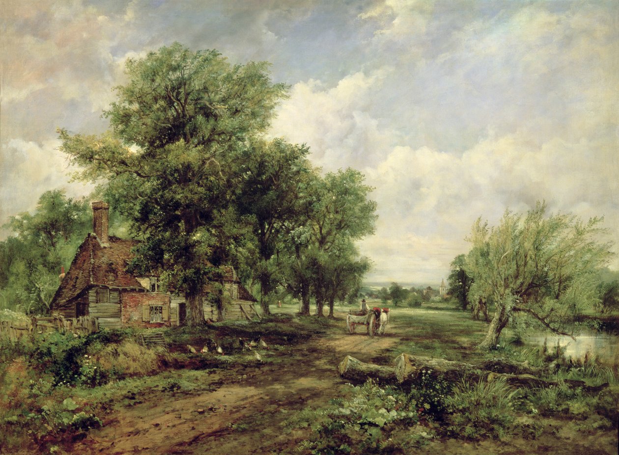 Skovklædt flodlandskab med et sommerhus og en hestevogn af Frederick Waters Watts