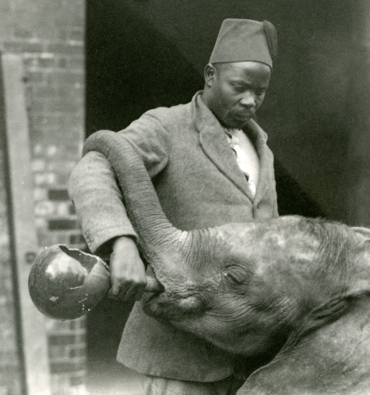 Den unge afrikanske elefant Kiberenge får en drink af Darisha, mens Syed Ali kigger på i baggrunden, London Zoo, september 1923 (sort foto) af Frederick William Bond