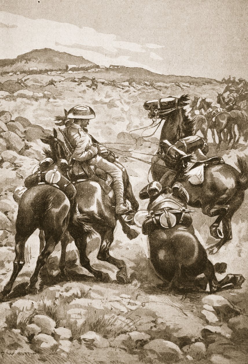 I hælene på De Wet: Bereden infanteri angriber et vogntog, illustration fra "Battles of the Nineteenth Century: Vol. VII, The Boer War 1900-1901" af Archibald Forbes, G.A. Henty og Major Art af Frederick William Burton