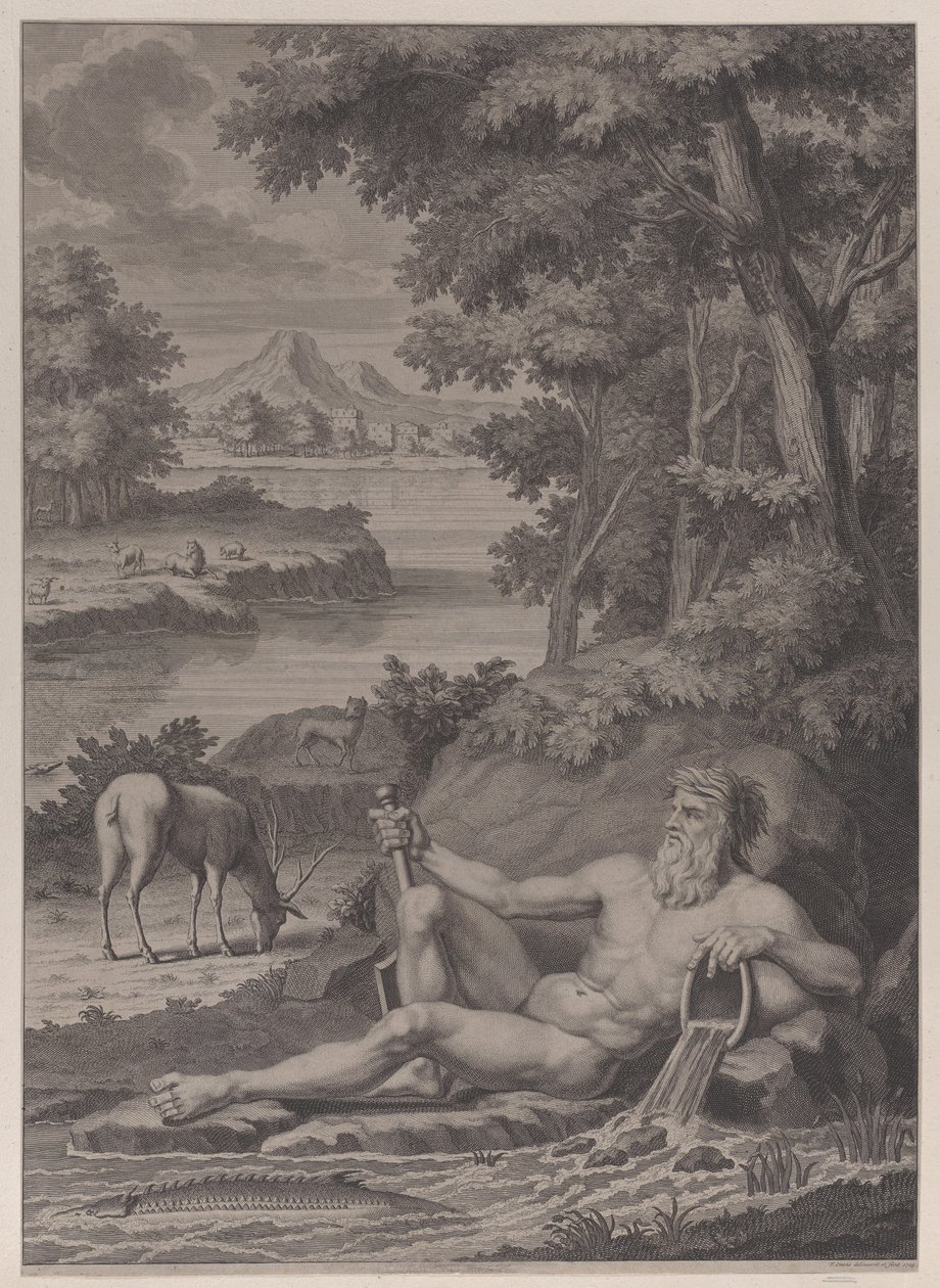 Flodgud i et landskab, 1725. af Frederik Ottens