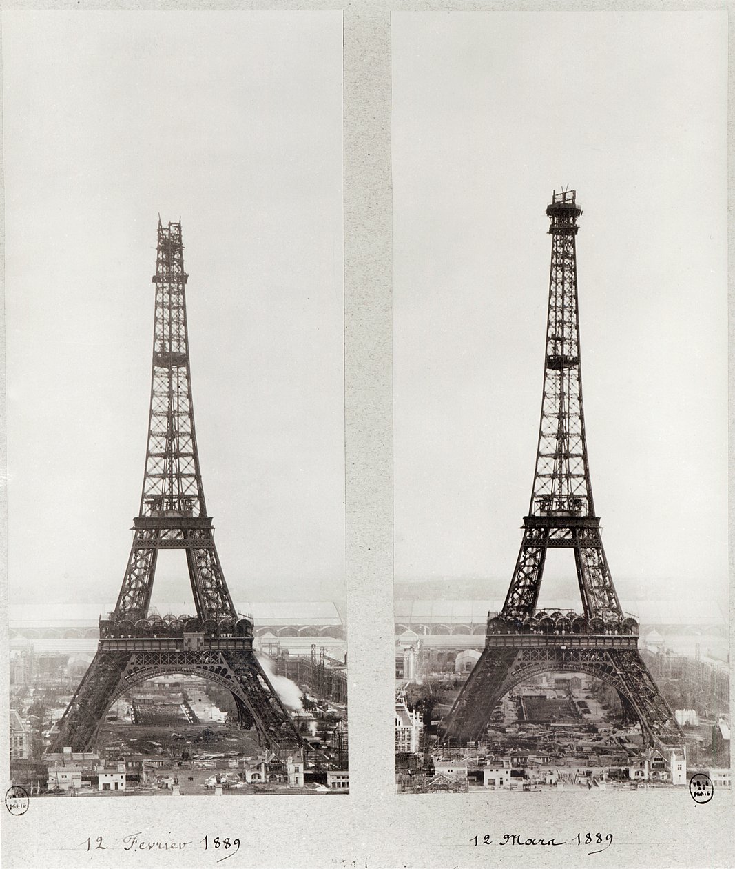To syn af opførelsen af Eiffeltårnet, Paris, 12. februar og 12. marts 1889 af French Photographer