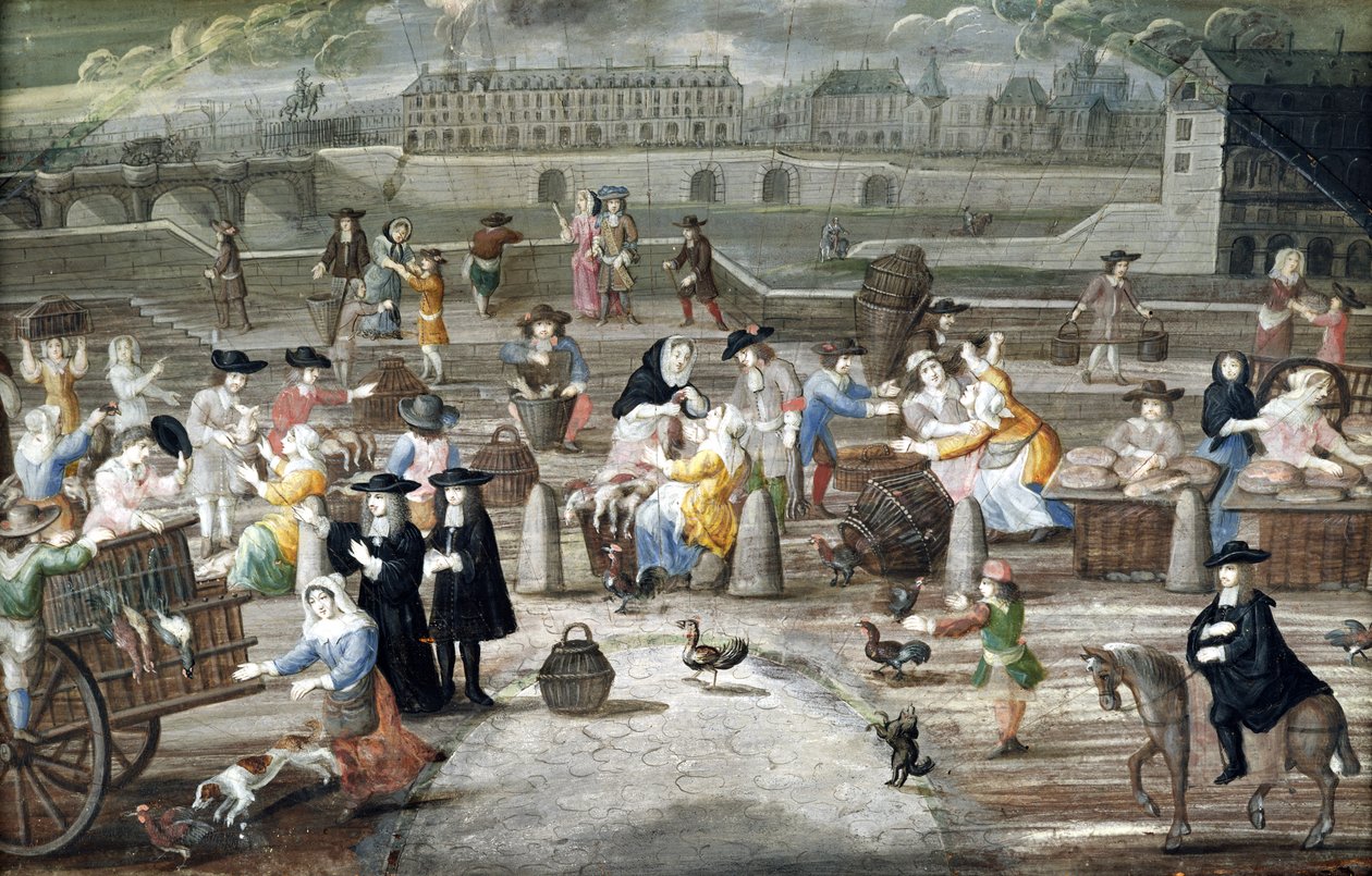Brød- og fjerkræmarked på Quai des Grands Augustins, malet til vifte (pen og blæk og wc på papir) af French School