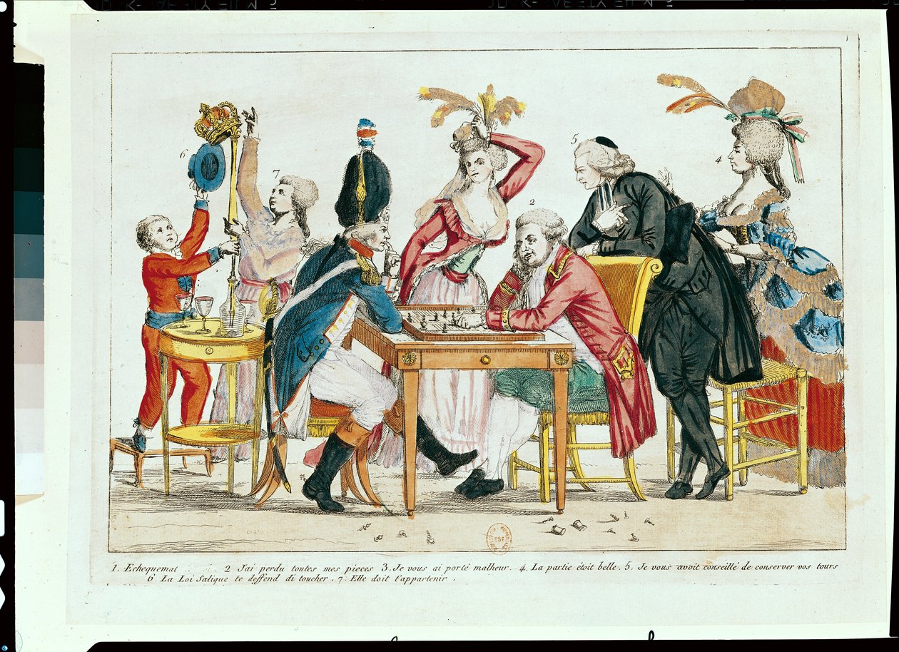 Karikatur af Louis XVI (1754-93) spiller skak med en soldat fra nationalgarden af French School