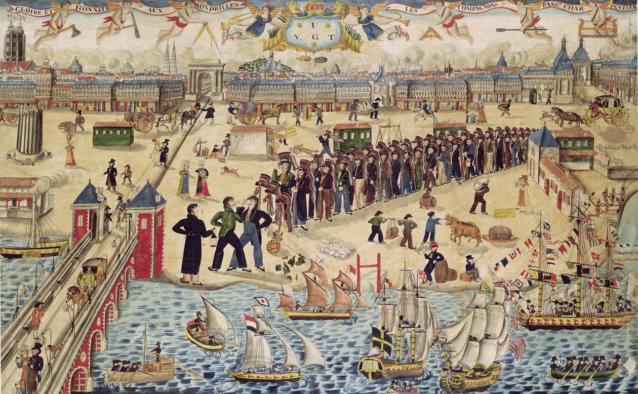 Tømrerlærlinge i slutningen af deres tur, 1826 (gouache og wc på papir) af French School