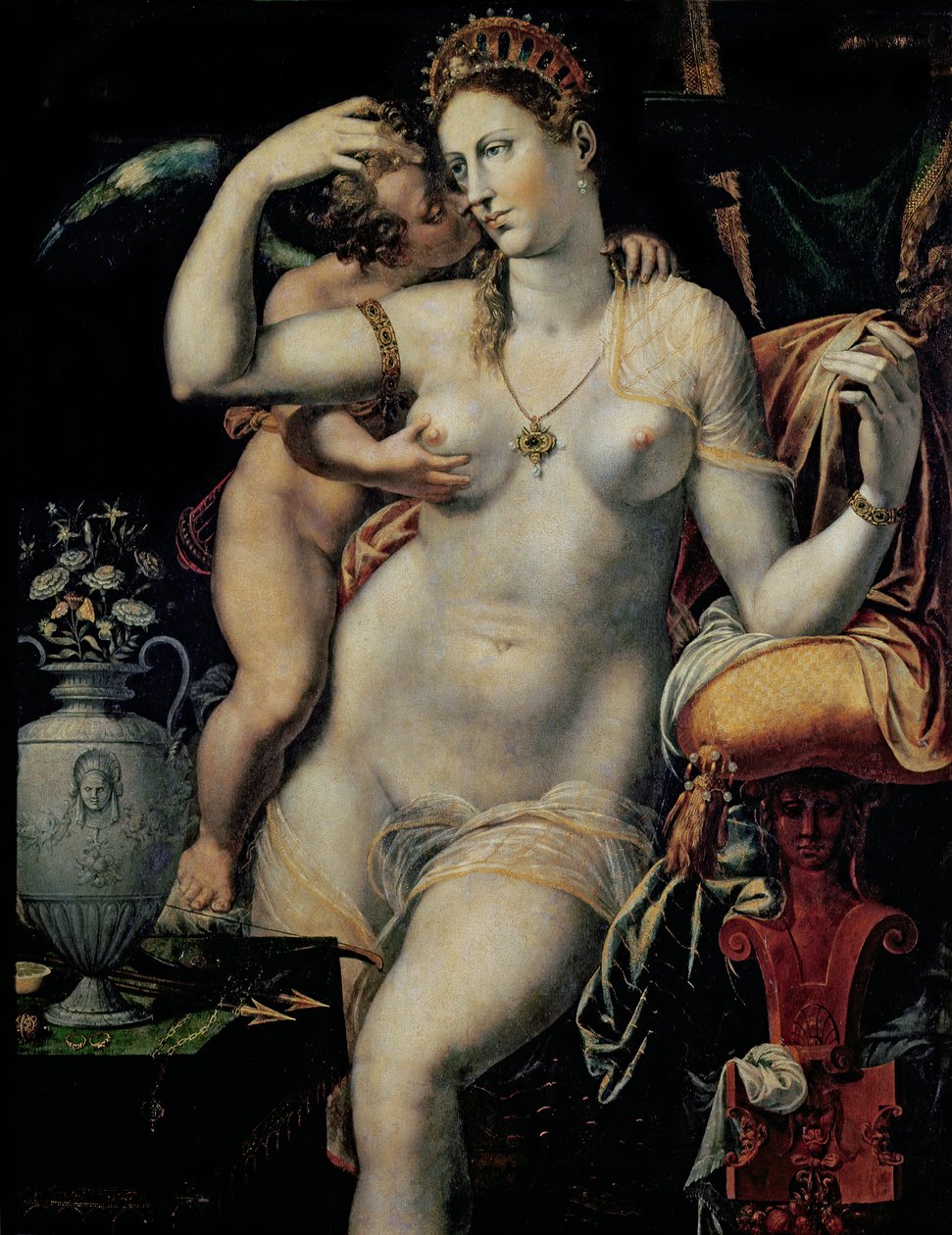Amor kærtegnende Venus af French School