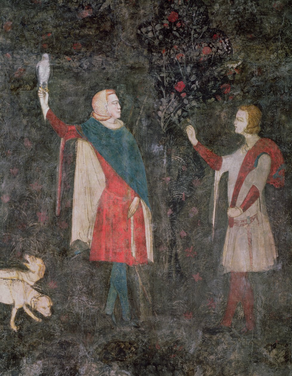 Detalje af to falkoner, fra Hjorterummet, 1343 af French School