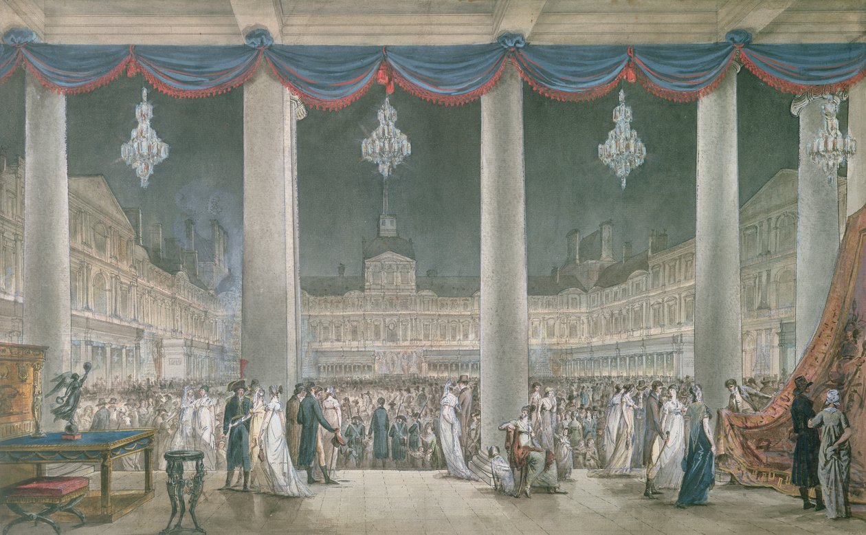 Udstilling af industriens produkter i Louvres gårdhave i 1801 (gouache und wc på papir) af French School
