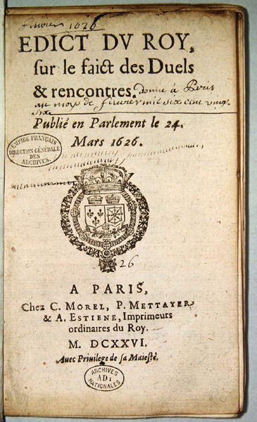 Frontispice fra Edict du Roy sur le Faict des Duels et Rencontres, marts 1626 (tryk) af French School