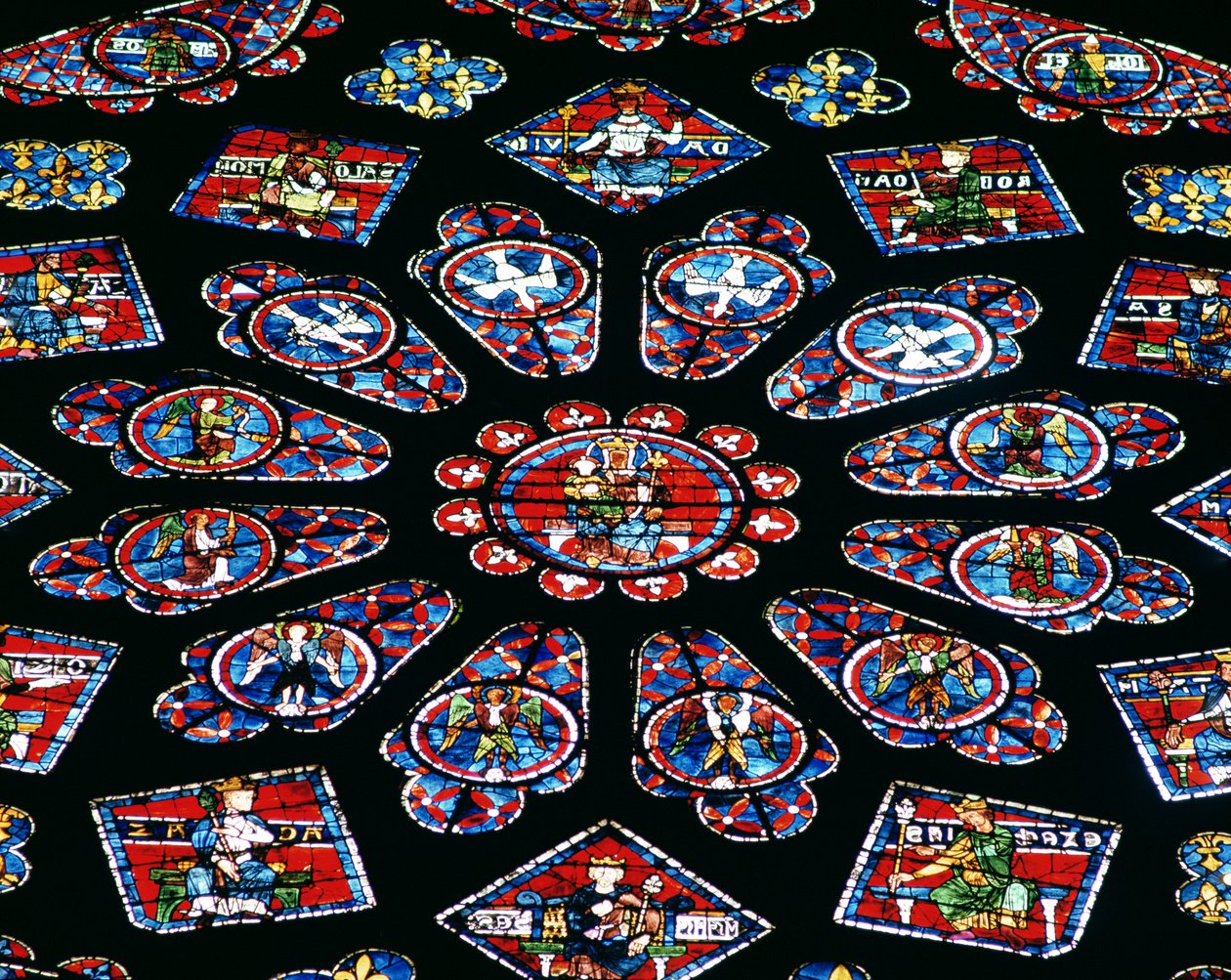 Glorifikation af Jomfru Maria, nordrosenvindue, ca. 1223 (farvet glas) (detalje) af French School