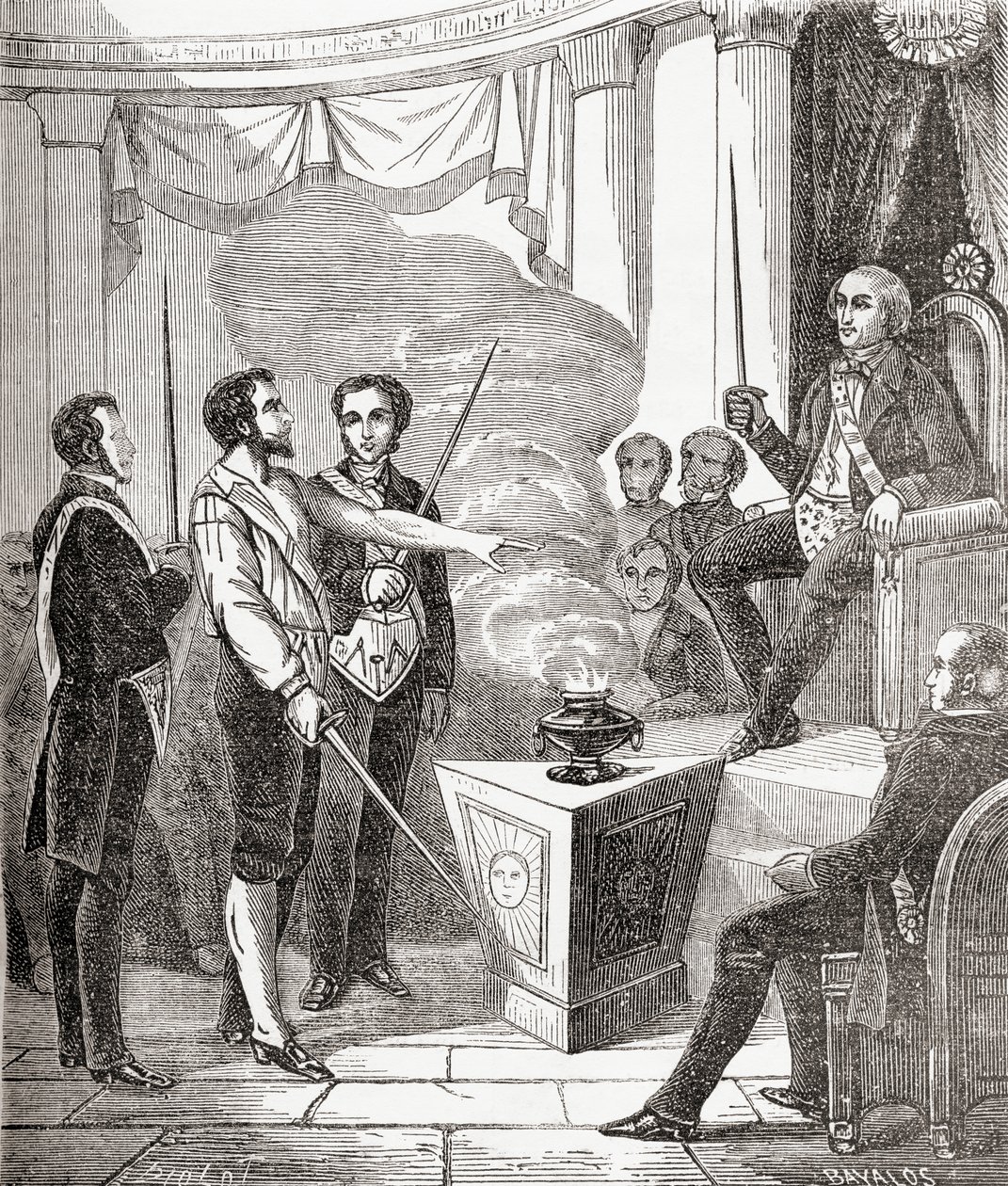 Indvielse af en fransk frimurer i broderskabet, fra "Societes Secretes, les Francs Macons", udgivet omkring 1867 af French School