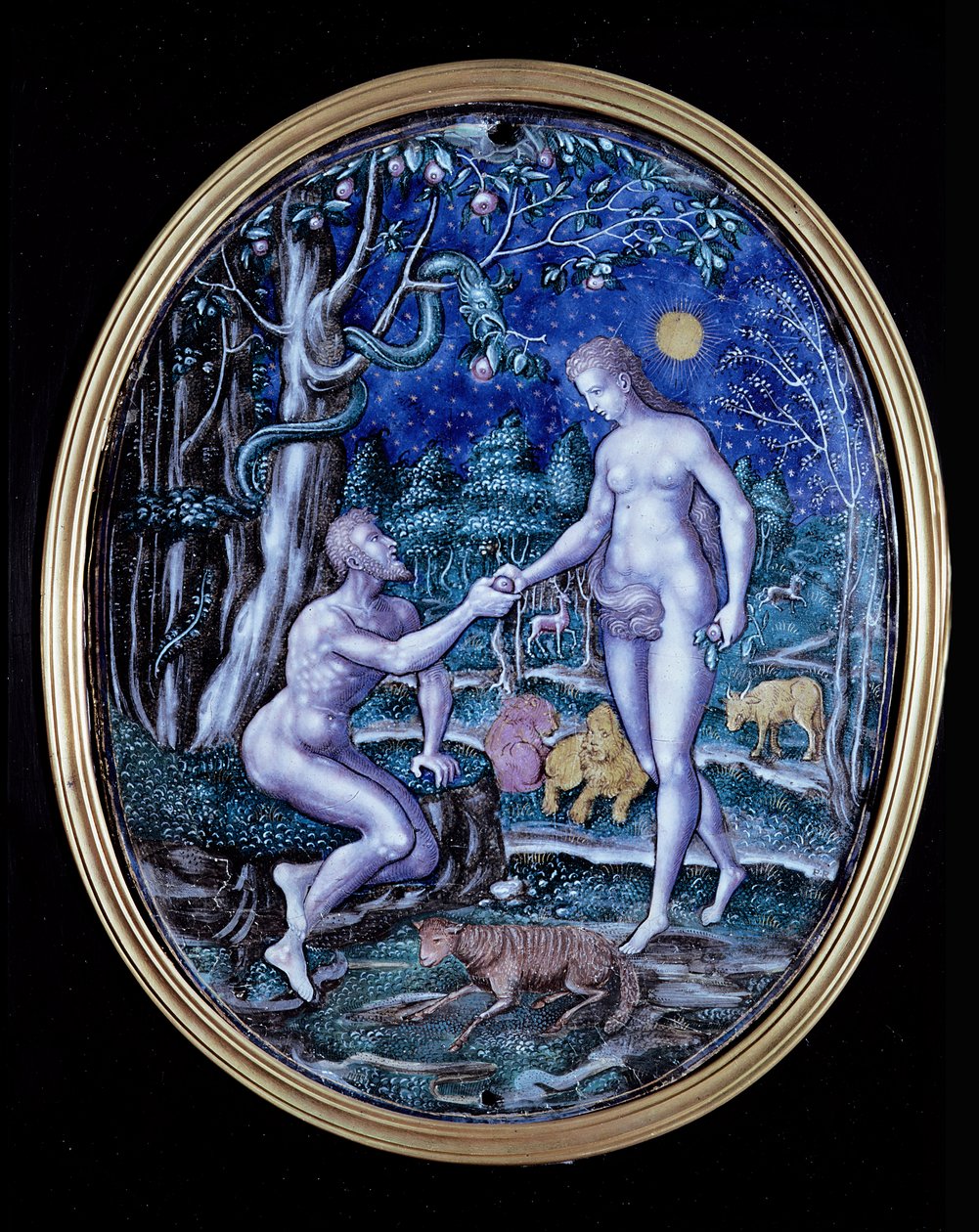 Limoges plakette forestillende Adam og Eva, ca. 1570 (emalje) af French School