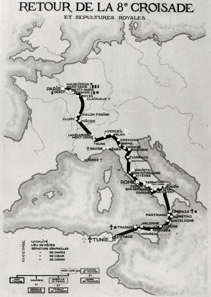 Kort over det 8. korstogs tilbagevenden i 1270 med hvilesteder for Ludvig IX