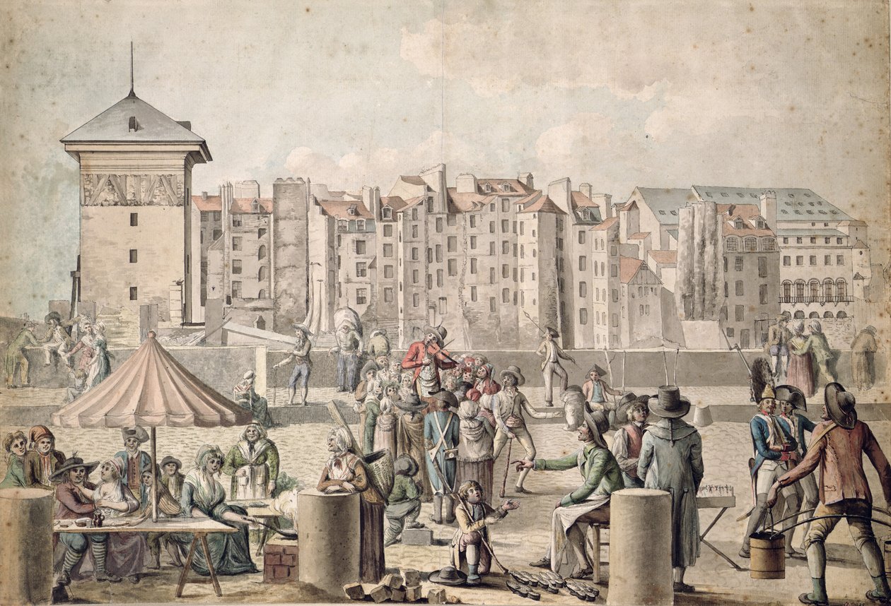 Mountebanks og Promenaders på Pont au Change, Paris c.1790 af French School