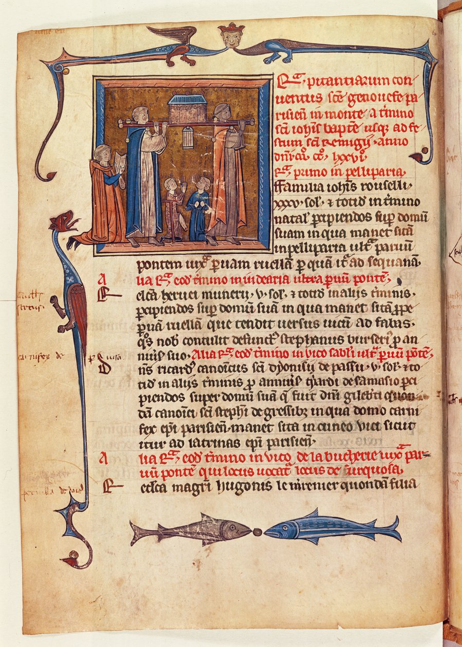 Ms 16261 fol.13v Procession af relikvieskrinet fra St. Genevieve gennem gaderne i Paris, fra Censier de lAbbaye Sainte-Genevieve af French School