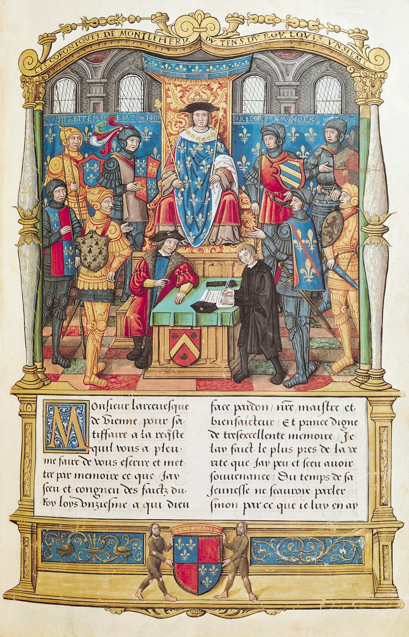 Ms 18 fol 1r Præsentation af memoirerne til Ludvig XI, fra Philippe af Commines