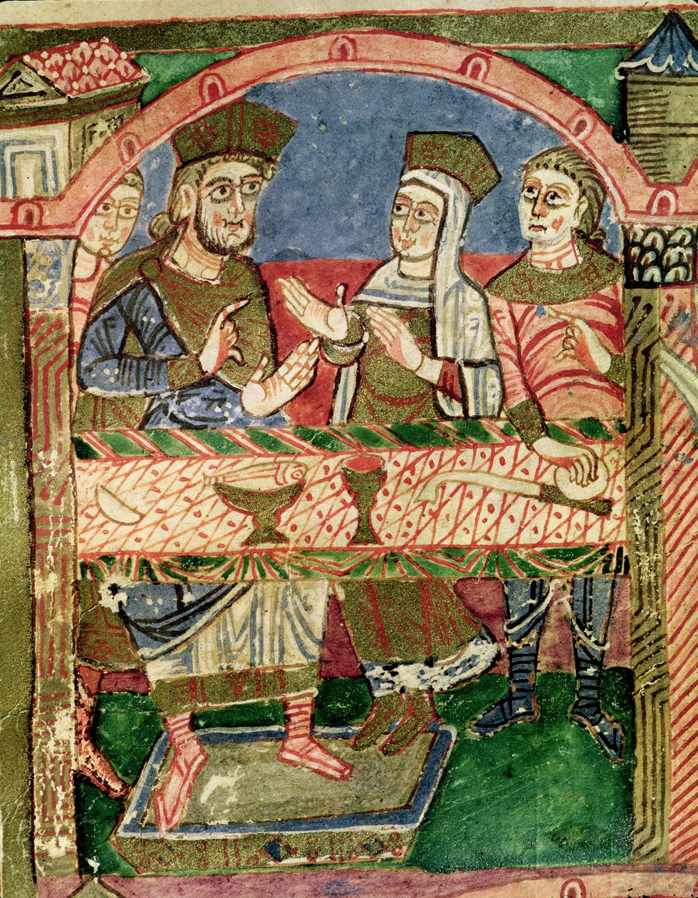 Ms 250 f.24r St. Radegund (518-87) ved bordet af Clothar I (497-561) fra Life of St. Radegund (detalje fra 173477) af French School